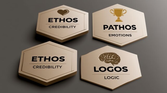 Set of hexagonal wooden tiles representing Aristotle's modes of persuasion Ethos Pathos and Logos