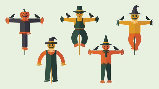 Collection of charming scarecrow characters with friendly faces and black crows perched on their arms