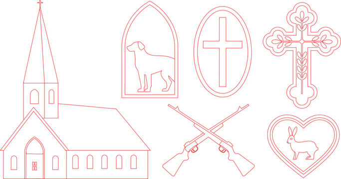 Collection of church, dog, crosses, crossed rifles, and bunny in heart outlines