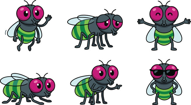 Cute housefly cartoon character vector collection set featuring funny green and black fly insect mascots with big red eyes isolated on white background