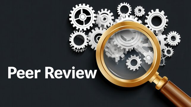 Peer Review title with a magnifying glass and silver gears representing analysis and inspection on a dark background