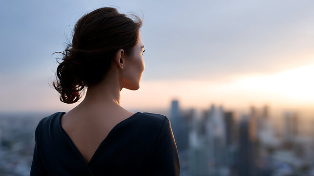 A woman gazes at the city skyline at sunset, contemplating the future. Her hair is tied up, and she is wearing a dark dress