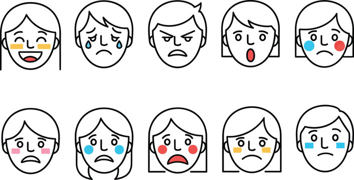 Minimalist line art illustration of a sad young man face with a frowning mouth and pink blushing cheeks