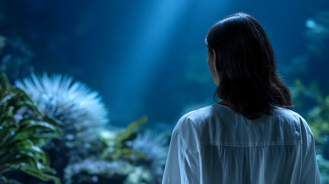 A woman gazes into an aquarium, captivated by the underwater world filled with coral and aquatic plants. Sunlight filters through the water, illuminating the scene