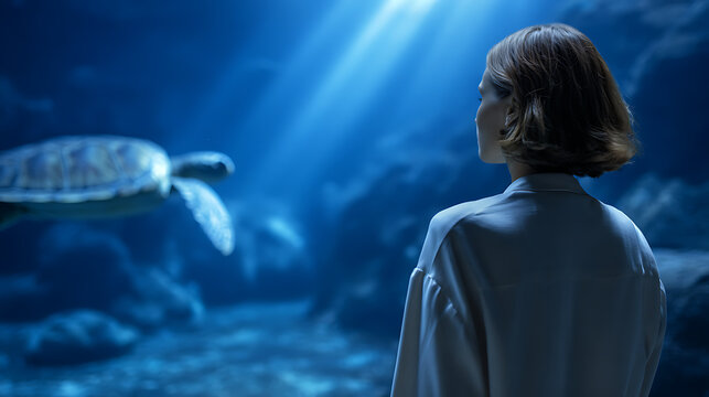 A woman gazes at a sea turtle swimming in a deep blue ocean exhibit, with sunlight streaming down
