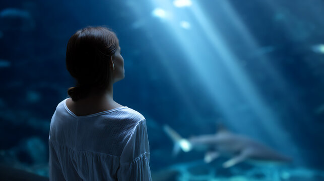A woman gazes at sharks swimming in a large aquarium tank, illuminated by ethereal light beams penetrating the water
