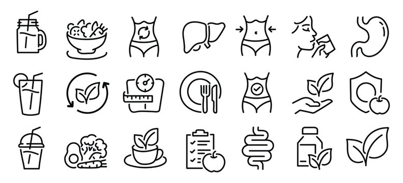 Detox and cleanse related editable stroke outline icons set isolated on white background flat vector illustration. Pixel perfect. 64 x 64.