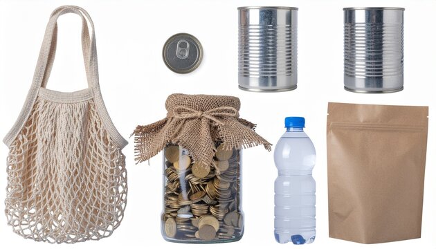 Eco friendly home accessories bundle with reusable string bag, glass jar, and packaging on white background