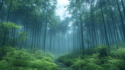 Fototapeta premium Sunlight Filtering Through Dense Green Forest Canopy With Mists And Lush Foliage In Summer Morning