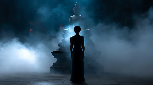 A solitary figure stands silhouetted against the ethereal glow of a Buddha statue, enveloped in mystical blue mist and smoke, creating an atmosphere of profound spirituality and contemplation