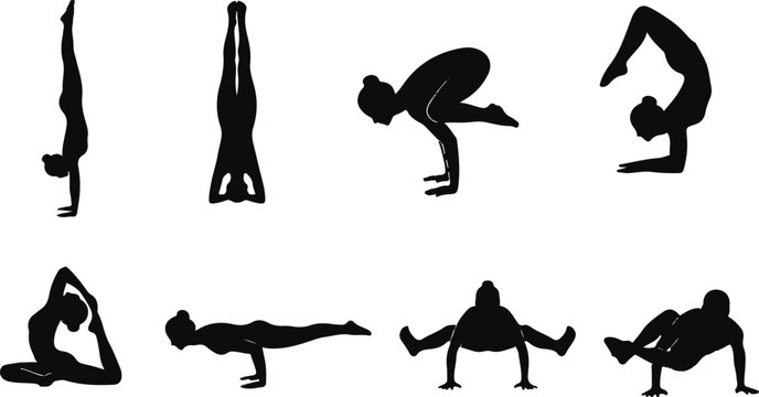 Advanced yoga poses silhouette icon set featuring handstand crow pose headstand and peacock pose for health and wellness designs