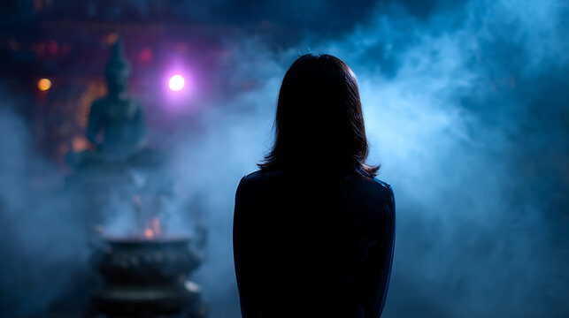 A silhouetted figure stands before a tranquil Buddha statue shrouded in mystic blue haze, evoking a sense of peace and contemplation.