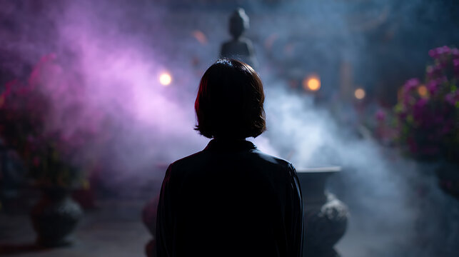 A person standing in front of a Buddha statue in a garden, surrounded by mist and purple light