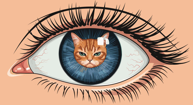 Surreal close-up of a human eye features a small orange tabby cat head perfectly centered within the blue pupil.