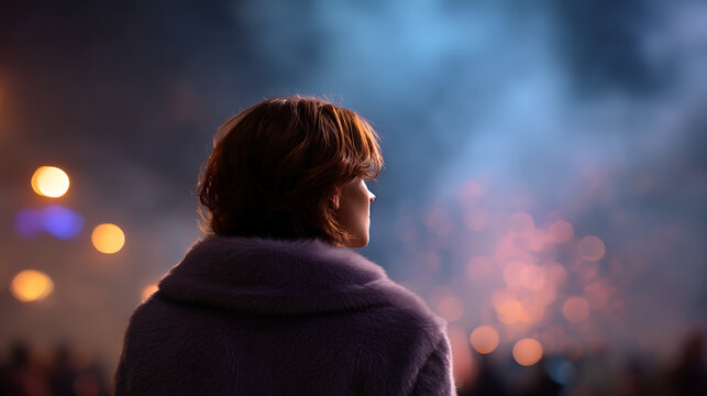 A woman seen from behind, gazing into a dusky, festive sky filled with bokeh lights and distant fireworks. Her expression is contemplative, lost in the spectacle unfolding before her