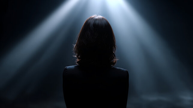 A woman standing in the spotlight, her back to the camera. The dramatic lighting creates a silhouette, evoking a sense of mystery and anticipation