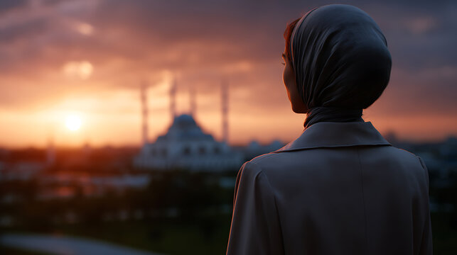 A woman in a hijab looks out at a cityscape at sunset, with a mosque in the background. The sky is ablaze with color, and the overall mood is one of peace and contemplation