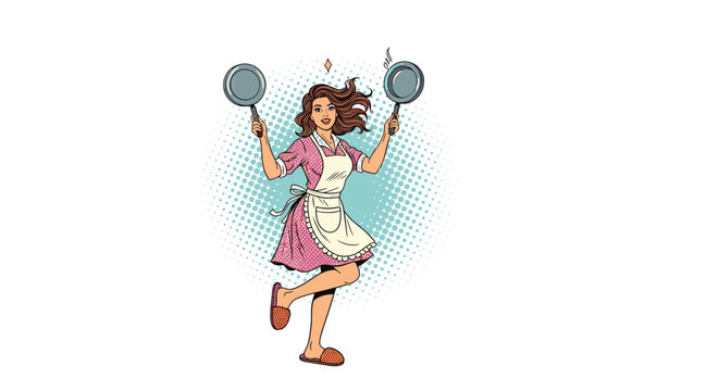 Energetic housewife in a pink dress and apron dances happily while holding two frying pans in her hands.