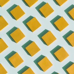 Fototapeta premium Pattern of yellow sticky notes on a light blue background arranged in a repetitive grid, casting soft shadows for office and brainstorming concepts