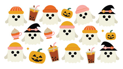 Fototapeta premium Collection of cute little ghosts wearing hats with pumpkins and bubble tea drinks for Halloween