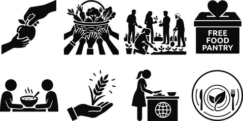 Fototapeta premium Comprehensive food security icon set featuring community gardening charity food pantry hunger relief and sustainable agriculture for social welfare