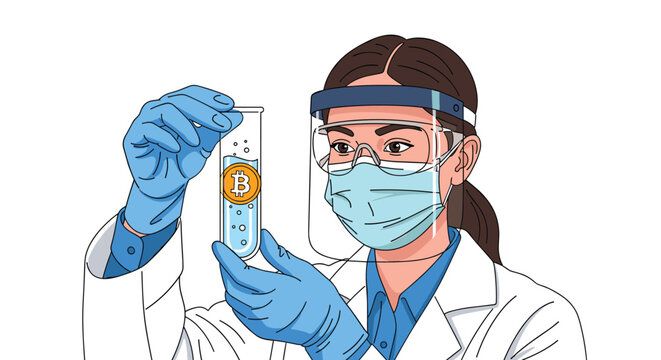 Female scientist in full protective gear and face shield examines a test tube containing a bitcoin symbol.