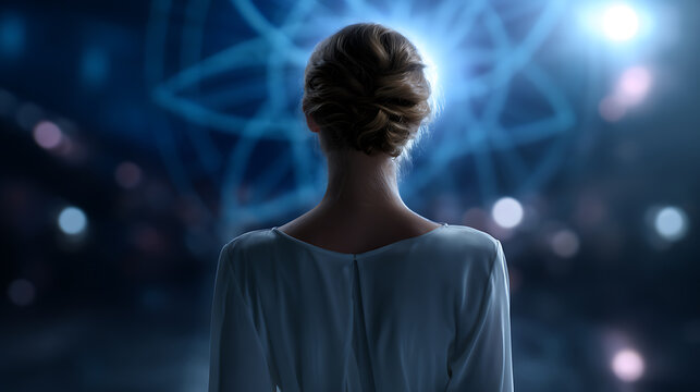 Woman looking towards a glowing mystical geometric pattern. The image conveys a sense of wonder and introspection, with the soft blue light creating an ethereal atmosphere.