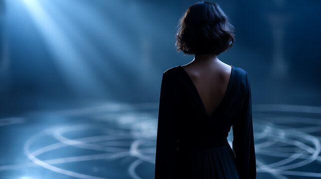 A woman in a black dress stands with her back to the camera, bathed in a single spotlight in a dark, atmospheric room. The floor features intricate, illuminated circular patterns
