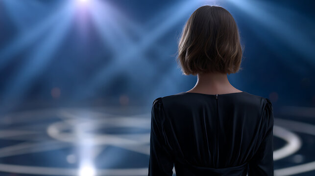 A woman standing with her back to the camera, looking out at a bright stage with spotlights. The stage floor has circular patterns