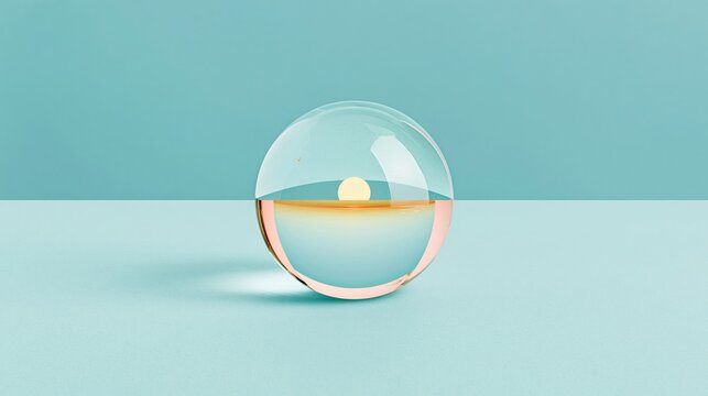 Clear glass sphere with a glowing sun refraction on a mint blue surface, a luminous and contemporary abstract for zen and mindfulness art