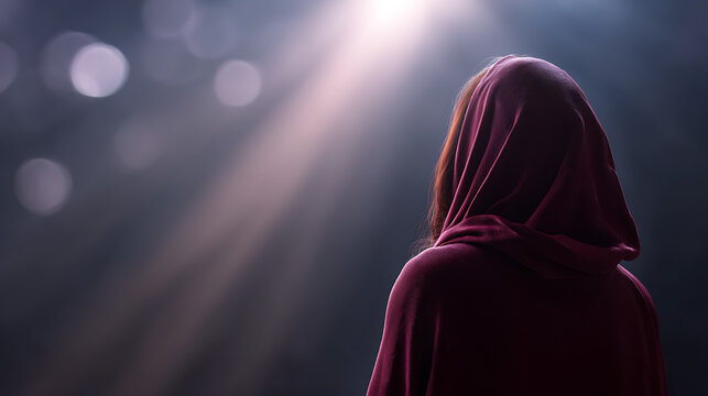A lone figure in a hooded cloak, bathed in a single beam of light, gazing into the unknown. The mood is mysterious and introspective