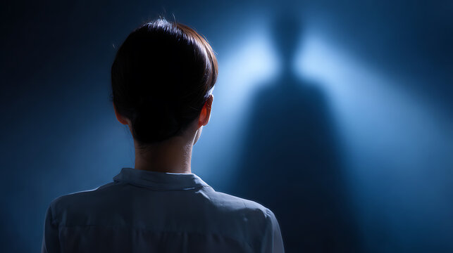 A woman's back is facing the camera, with a bright spotlight creating a large, dark shadow of a person behind her on the wall