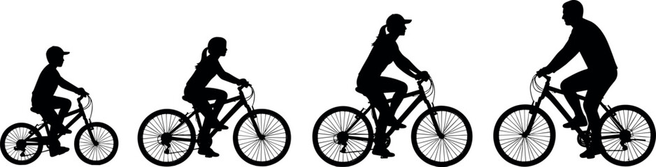 Fototapeta premium Silhouette vector illustration of four people riding bicycles, artistic progression design symbolizing growth, family generations, decorative minimal composition