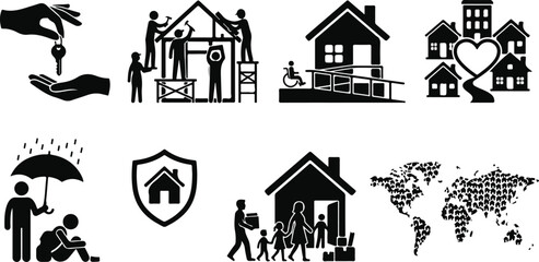 Fototapeta premium Comprehensive housing and social support icon set featuring community construction accessibility relocation homeless protection and global housing security silhouettes