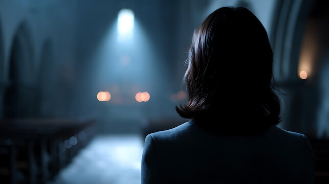 A woman's silhouette facing a dimly lit, cavernous church interior, with a single spotlight illuminating the altar area