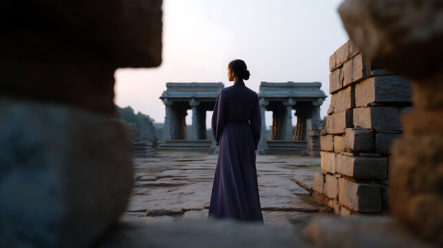 A woman in a long, dark blue dress stands facing ancient ruins. She is looking out at the stone structures in the distance, with a sense of awe and contemplation