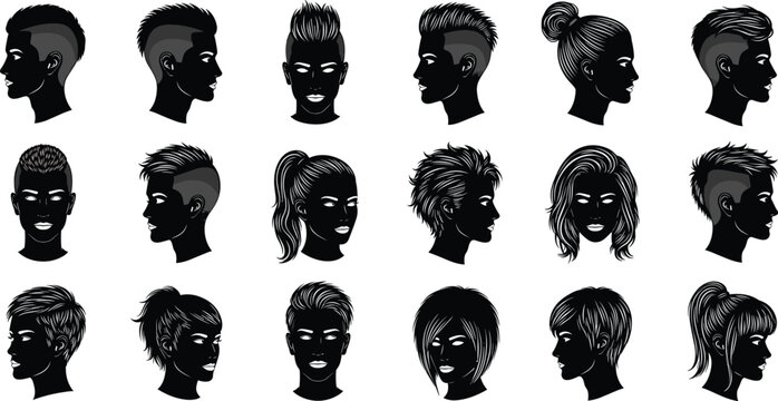 Silhouettes of diverse hairstyles for men and women, creative vector artwork, modern design illustration, fashion graphics