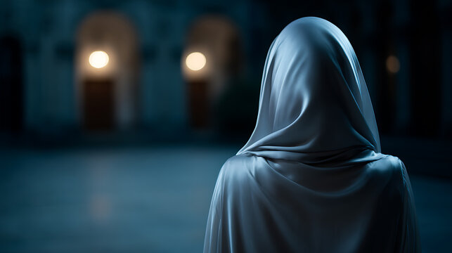 A veiled figure stands in a dimly lit, archaic corridor, creating an atmosphere of mystery and anticipation. The soft glow from distant arched openings hints at hidden depths and forgotten stories.