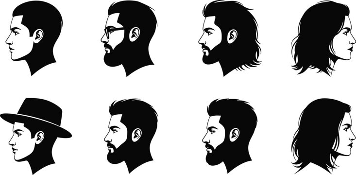 Silhouettes of diverse human profiles with unique hairstyles, facial hair, and accessories, creative vector artwork