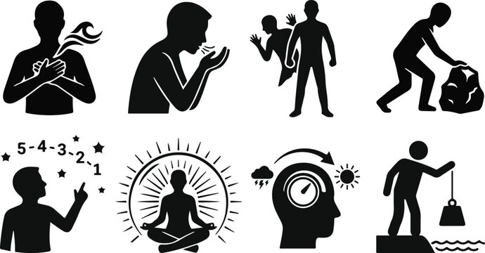 Comprehensive mental health icon set illustrating anxiety symptoms panic attack coping strategies mindfulness grounding techniques and emotional regulation for wellbeing
