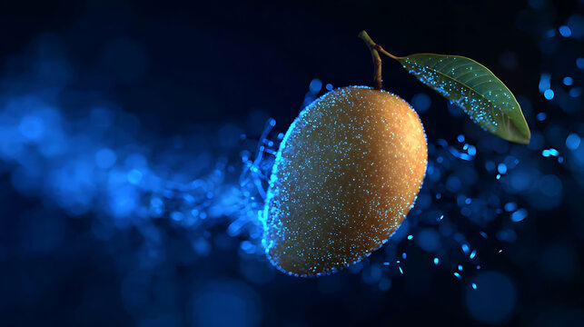 A ripe mango with a single leaf swirls with blue luminous particles against a dark background