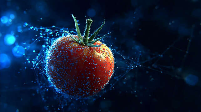 A single ripe tomato suspended in a dark, abstract environment with illuminated water droplets and light effects around it