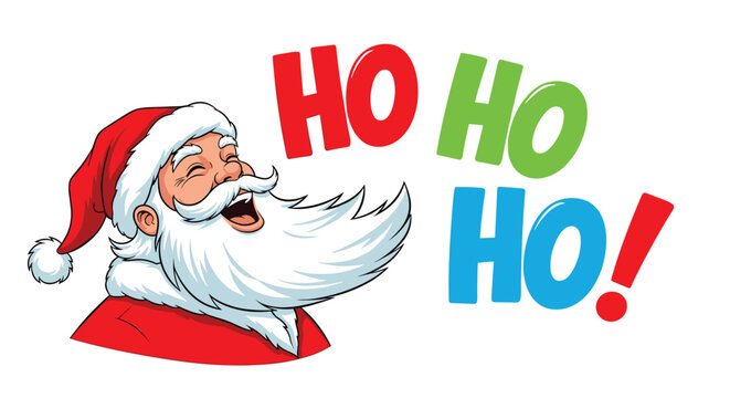 Cheerful Santa Claus with a big white beard laughing heartily next to the text Ho Ho Ho in colorful letters on a white background.