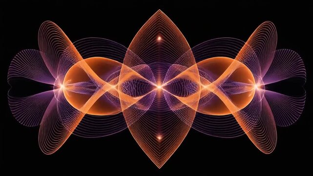 A symmetrical abstract artwork with interwoven lines, gradients, and light flares on a black background