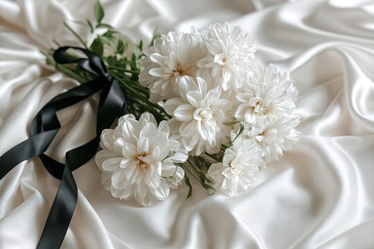 White chrysanthemum flowers with a black ribbon on ivory silk for condolence
