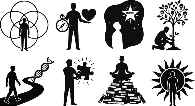 Comprehensive personal growth and self discovery icon set featuring silhouettes for life purpose mindfulness inner wisdom and developmental journey concepts