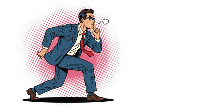 Businessman in a suit sneaking cautiously and putting a finger to his lips in a shushing gesture on a dotted pink pop art background.