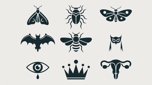 Collection of dark minimalist icons featuring insects, animals, eye, crown, and anatomical symbol