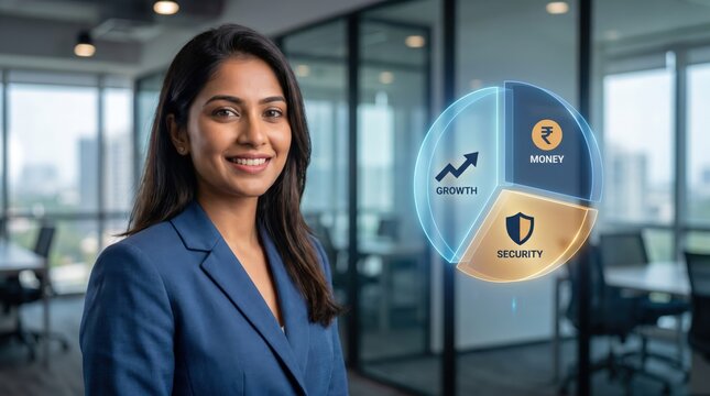 Indian Female Entrepreneur with Financial Analytics: Floating Holographic Pie Chart, Growth, Money, and Security Icons in Modern Pune Corporate Office