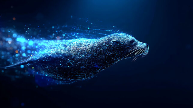 A seal swims underwater with a trail of glowing blue particles behind it, creating a magical and futuristic effect